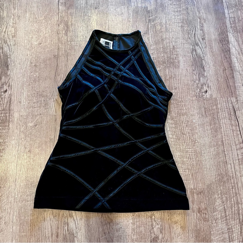 Tadashi Shoji Black Velvet Overlay sleeveless halter Top